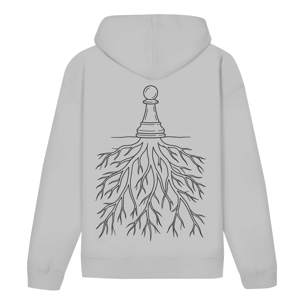 Verwurzelt – Schach Hoodie in Grau meliert (Rückseite)