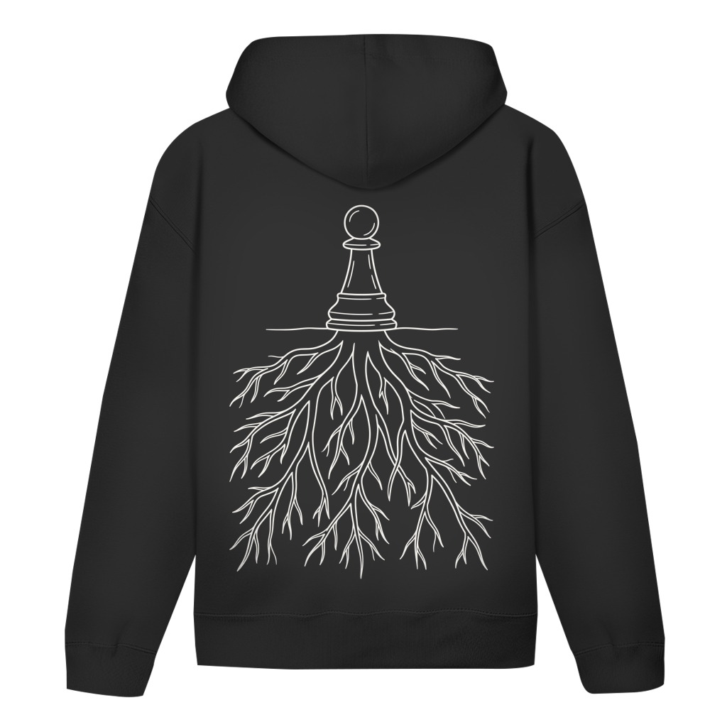 Verwurzelt – Schach Hoodie in Schwarz (Rückseite)