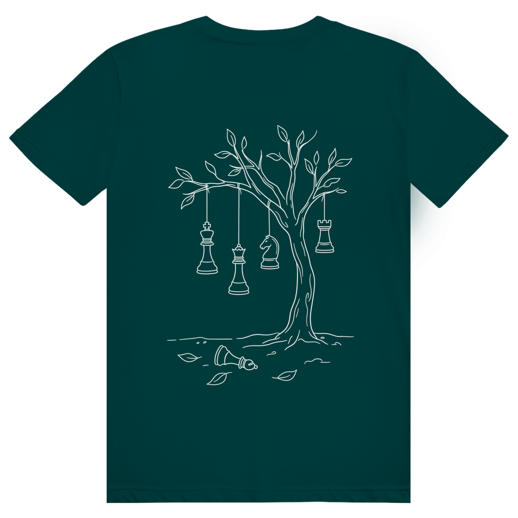 Hängepartie – Schach T-Shirt in Olivgrün (Rückseite)