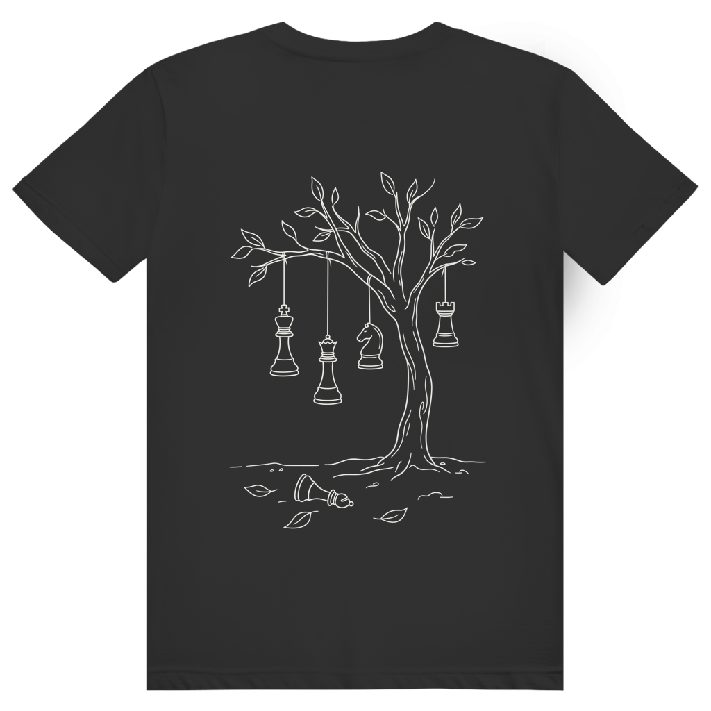 Hängepartie – Schach T-Shirt in Schwarz (Rückseite)