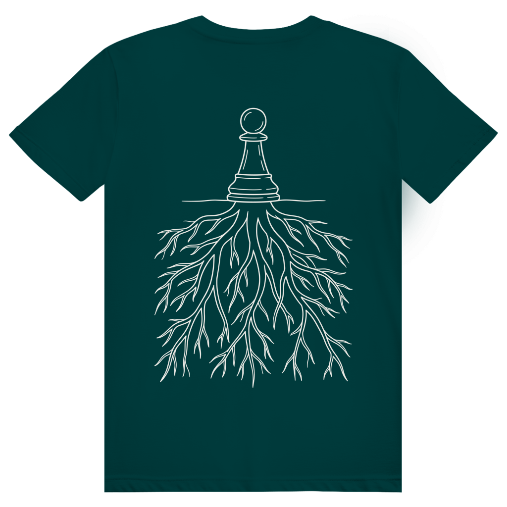 Verwurzelt – Schach T-Shirt in Olivgrün (Rückseite)