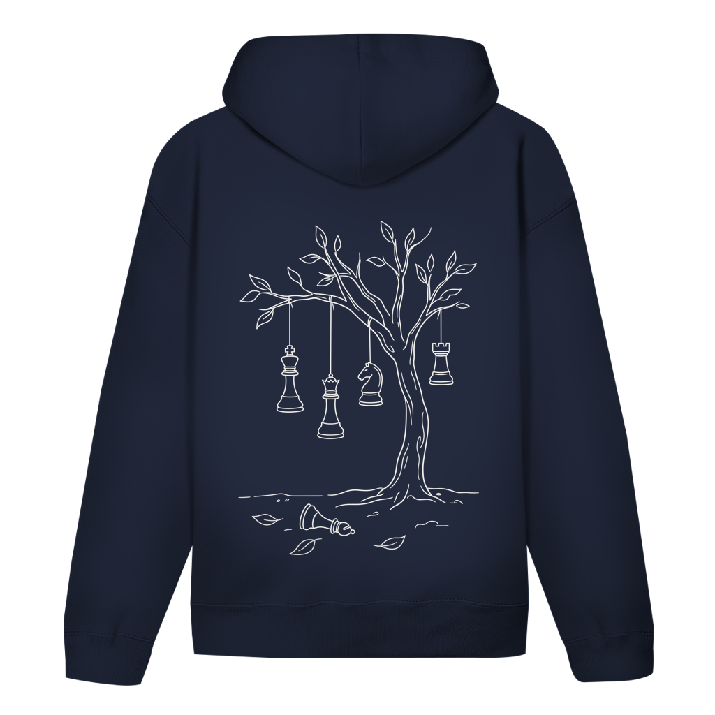 Hängepartie – Schach Hoodie in Dunkelblau (Rückseite)