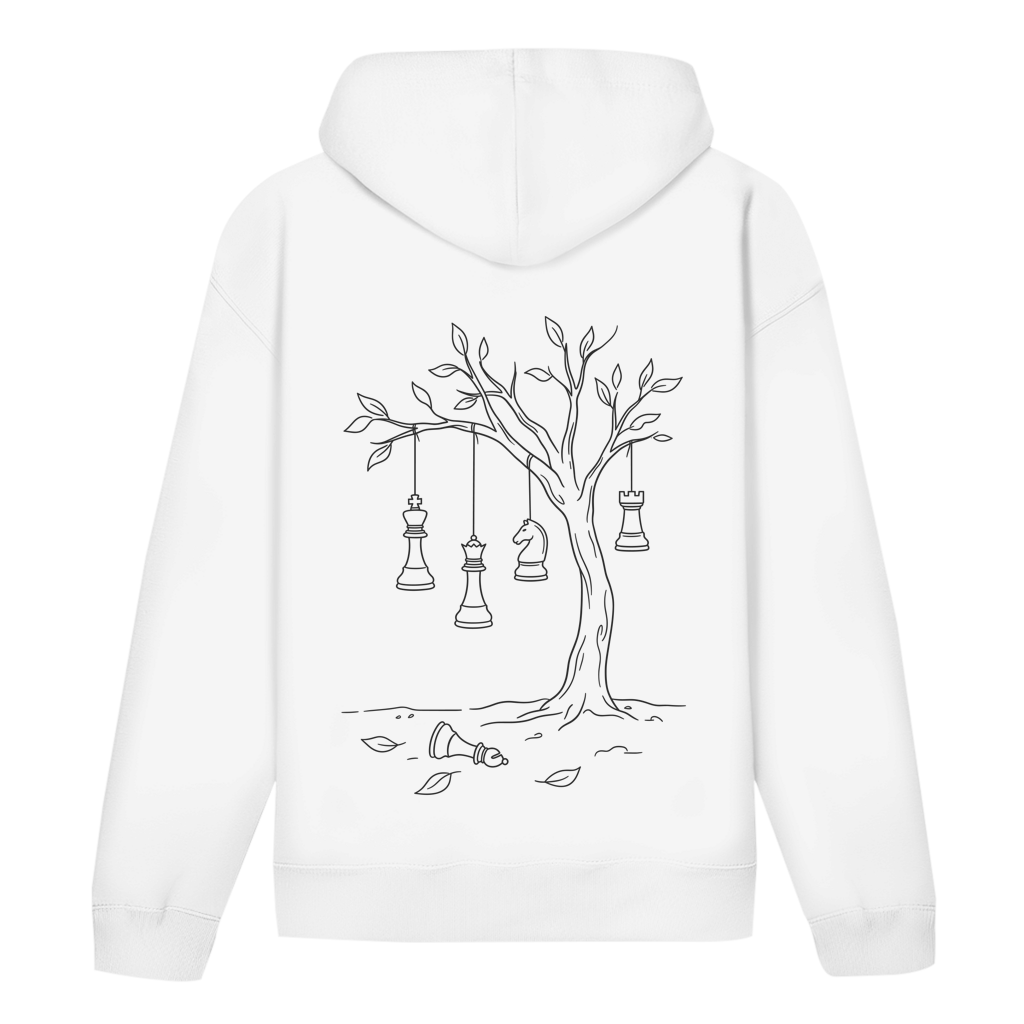 Hängepartie – Schach Hoodie in Weiß (Rückseite)