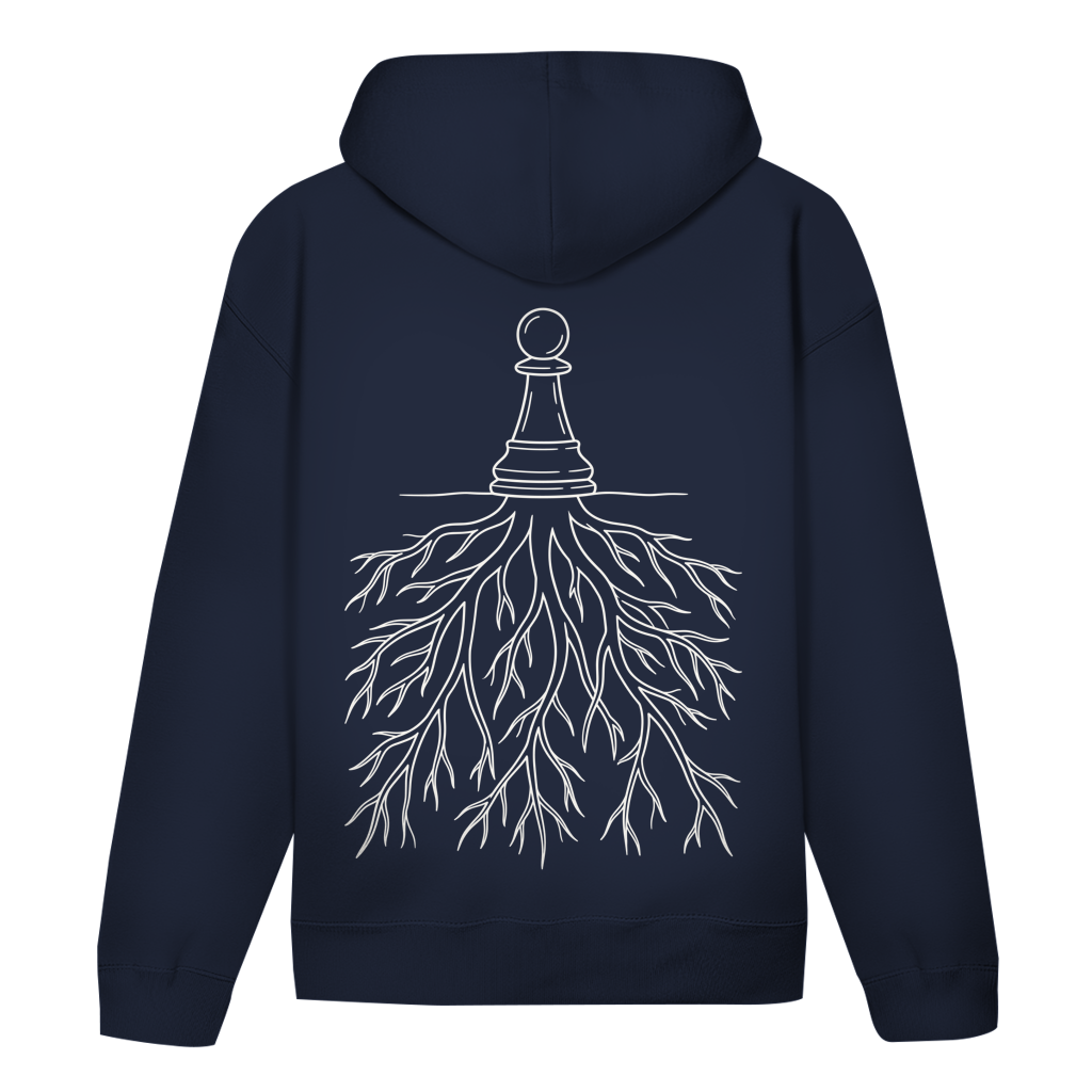 Verwurzelt – Schach Hoodie in Dunkelblau (Rückseite)