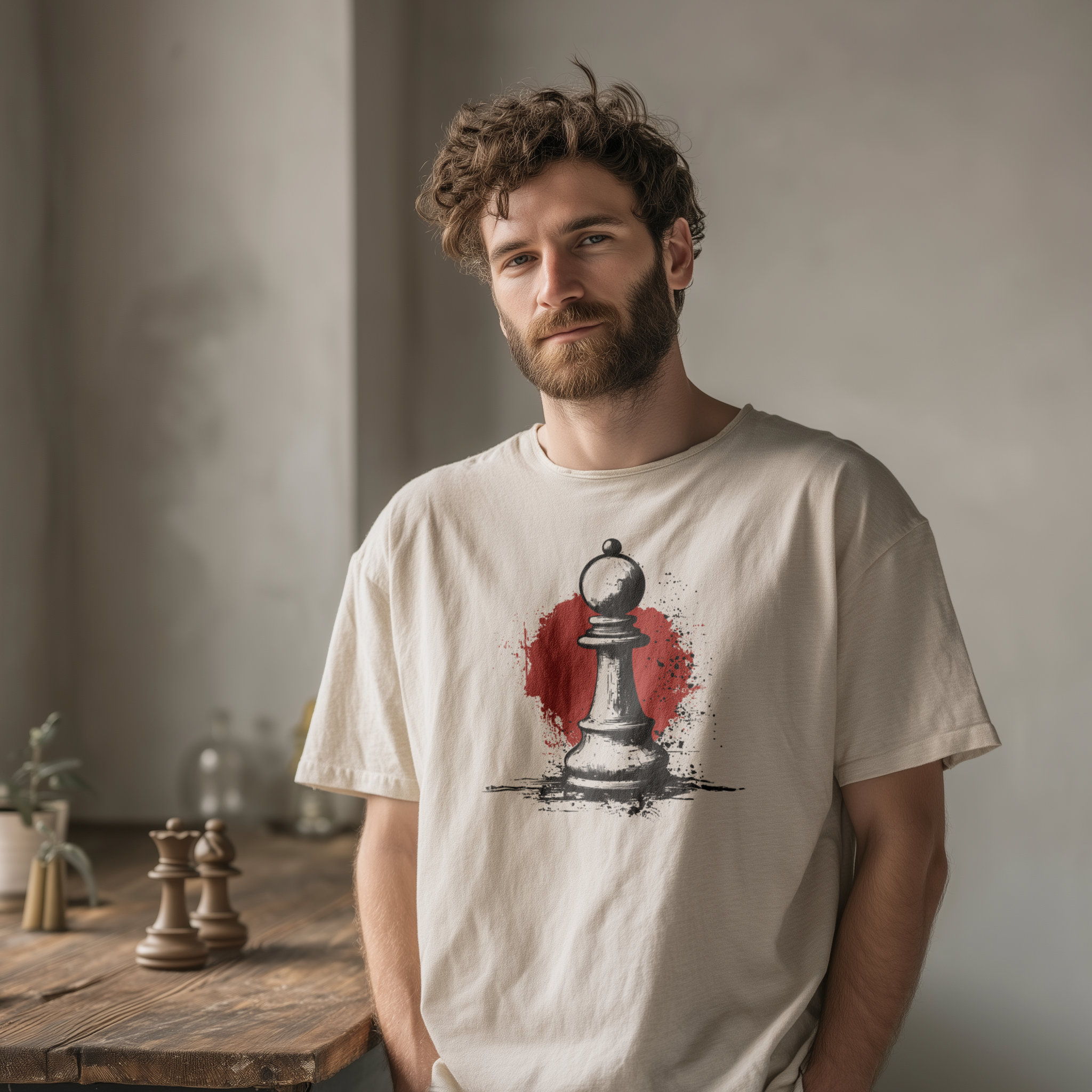Person mit Schach T-Shirt Bauer im Fokus
